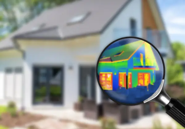 Einfamilienhaus im Grünen, eine Hand hält eine Lupe davor, die das Wärmebild des Hauses zeigt